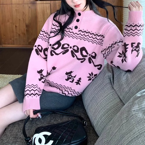 2色／モックネックリボン柄ニット ・74990