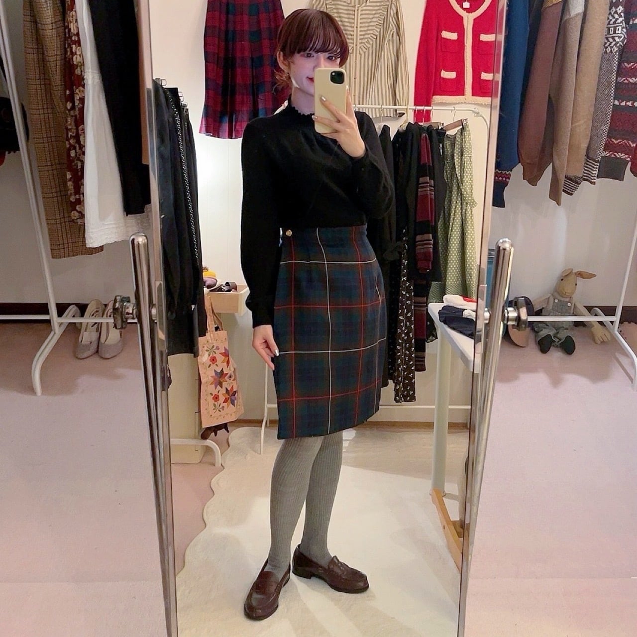 brown green check wrap skirt