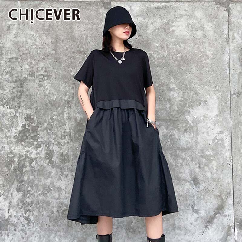 CHICEVERパッチワークレディースドレスOネック半袖オーバーサイズルーズプリーツミディドレス2020服 ショート ハーフスリーブ 6base566163116938