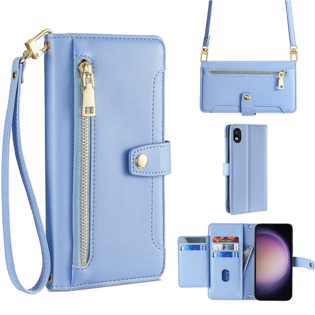 FOR Xperia Ace III ケース 手帳型 ショルダー FOR エクスペリア SO-53C SOG08 A203SO 斜めがけ 手帳 ケース 財布型 【 ストラップ 長+短 2本】肩がけ 首掛け 斜め掛け ファスナー型 小銭入れ カード収納 スタンド機能 ブルー