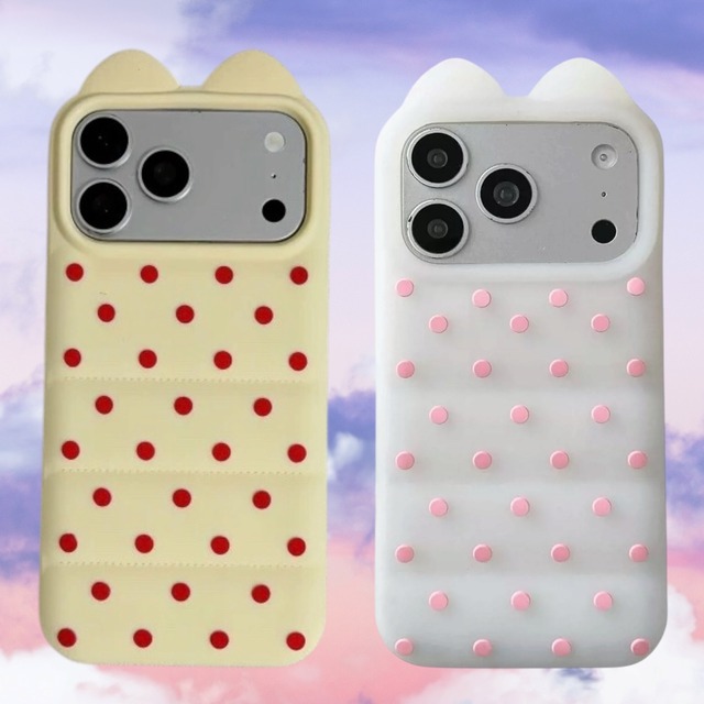 猫耳 3D ドット シリコン iPhoneケース (ホワイト/イエロー) | スマホケース iPhone ケース アイフォンケース | 機種 iPhone 13 14 15 16 17 Pro Max シリーズ