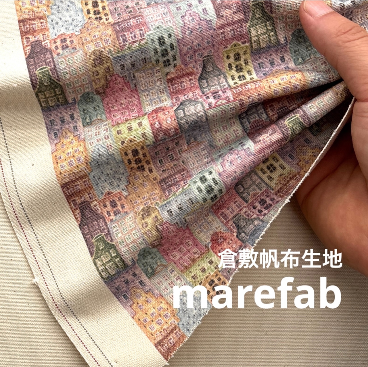 TC477◆80cm◆M◆制作事例あり◆倉敷帆布生地◆10号◆マレファブ◆街並み柄