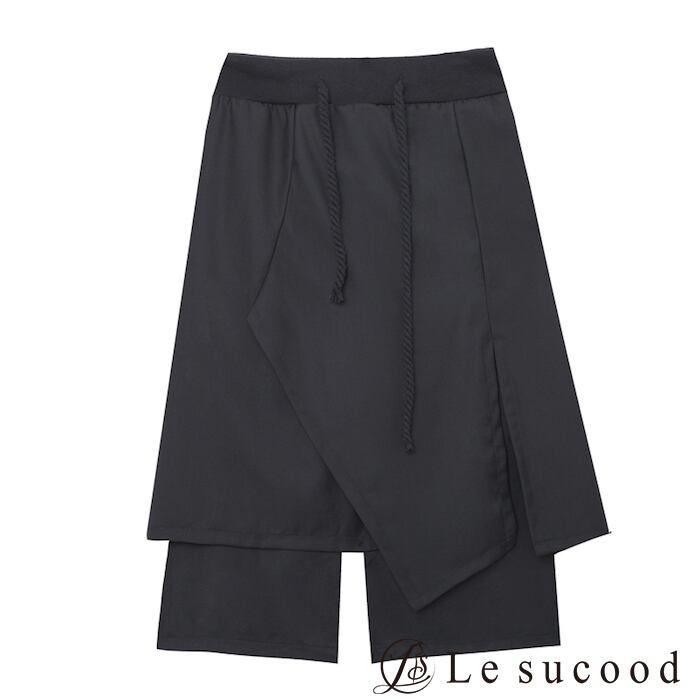 Le sucood】btm015 7分丈 デザイン袴パンツ 変形 ワイドパンツ