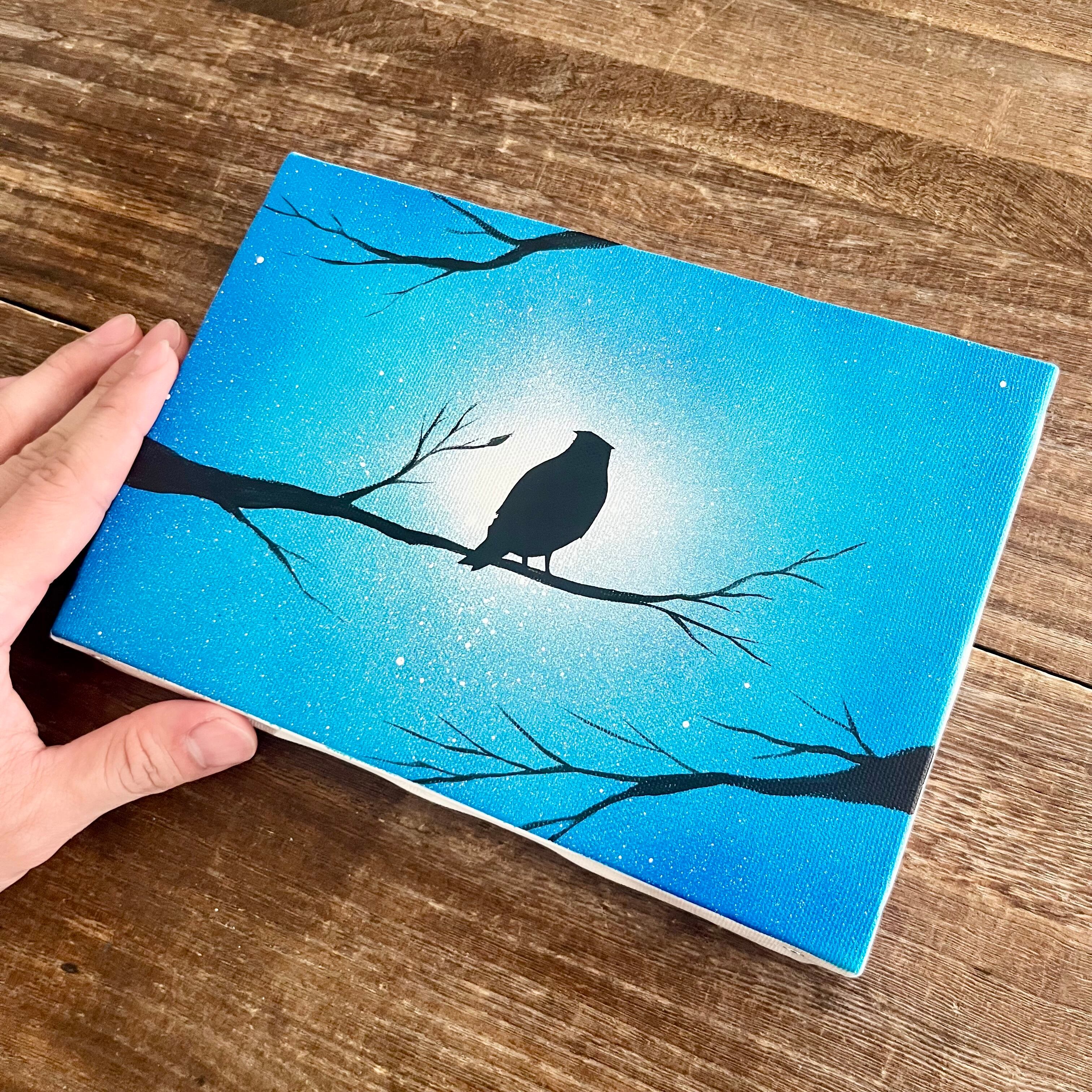 森の梟」原画 夜×フクロウ×木枝 青 ターコイズ 絵画 キャンバス 風景画