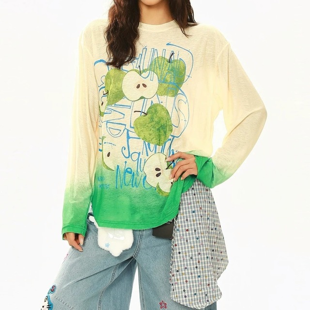 アップルグラフィックグラデーションロングTシャツ 2col R02582