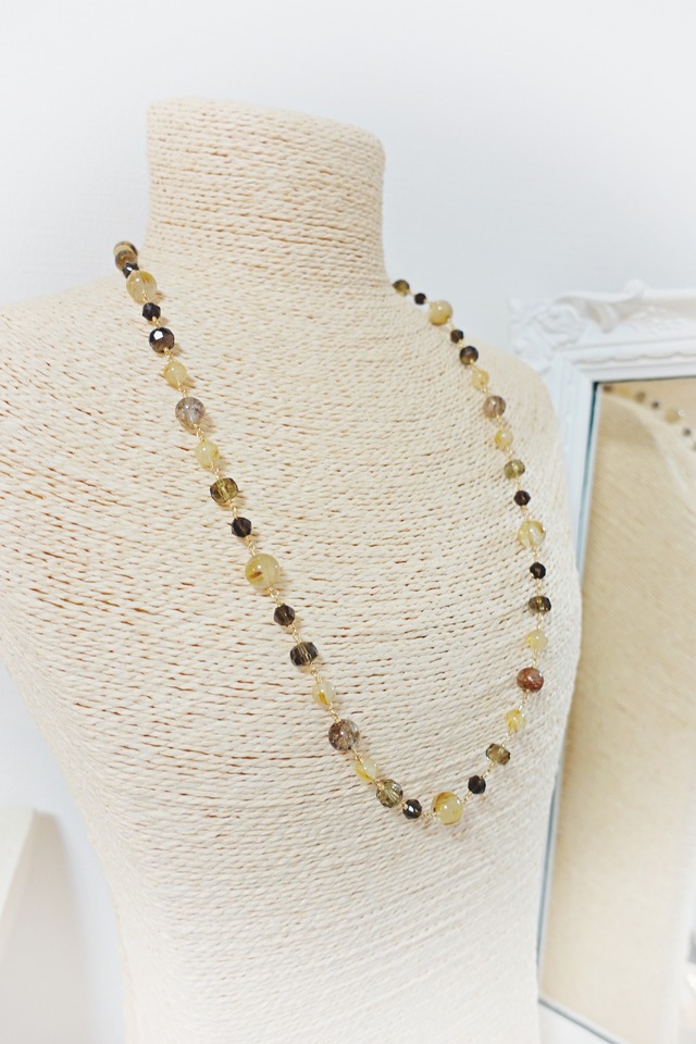 《Abundance ルチルクォーツ》秋のスモーキーカラー 希少 エレスチャルクォーツ使用 ロングネックレス＆ピアスセット