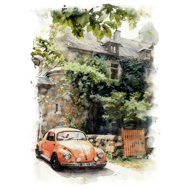 絵画 ドイツ 風景画(街並み) 古い家の前のフォルクスワーゲン インテリアアート額付き 水彩画・油絵調 WAT0301