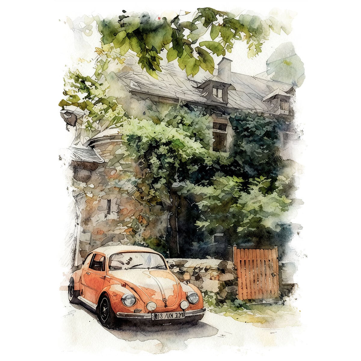 絵画 ドイツ 風景画(街並み) 古い家の前のフォルクスワーゲン インテリアアート額付き 水彩画・油絵調 WAT0301