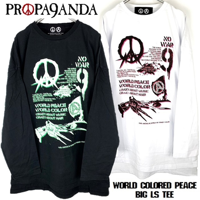 【20%OFF SALE】PROPA9ANDA (プロパガンダ) × Anthology Hair「WORLD COLORED PEACE BIG L/S TEE」限定コラボ ビッグロンT 長袖Tシャツ オーバーサイズ ワンピース 黒白 ブラック ホワイト スカル ドクロ メンズレディース UKパンクロック PUNK ROCK バンド ステージ衣装 ギフト無料 Rogia