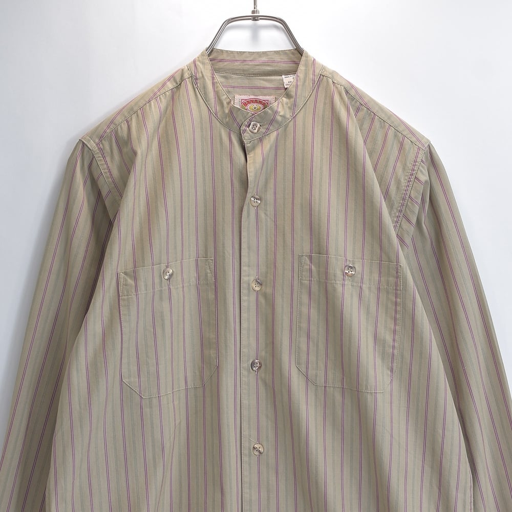 80s Banana Republic バナナリパブリック バンドカラーシャツ 長袖 ストライプ柄 切替 オールドバナリパ ベージュ USED ヴィンテージ ビンテージ 古着 メンズ S
