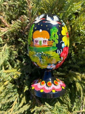 ペトリキウカ塗り　木製プィサンカ・スタンド一体型（イースター・エッグ）9cm（ホメンコ作）