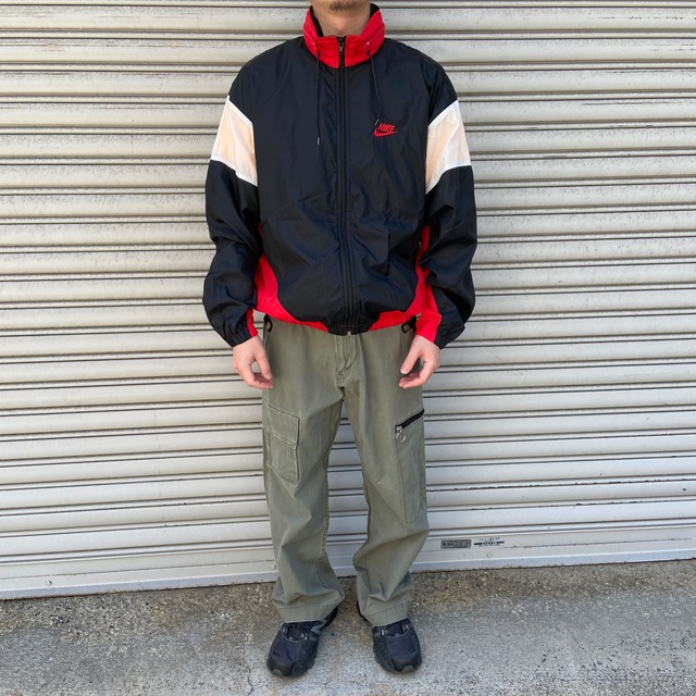 90s NIKE ナイロンジャケット 銀タグ 切り替え配色 黒 赤 白 L