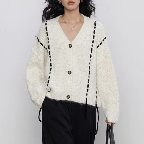 Vネック ドローストリング ニットカーディガン 00119 画像