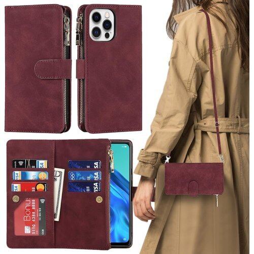 iPhone13 pro ケース 手帳型 ショルダー 3 プロ カバー アップル アイホン13プロ 携帯ケース 13プロ アイフォン13プロ スマホケース 手帳型 適用 case iCoverCase ストラップホール付き カード収納 バッグ マグネット 留め具 肩がけ 首掛け 斜め掛け カードケース ファスナー型 ストラップ付き カバー ショルダーケース クロスボディケース カード入れ スマホケース 携帯カバー ワインレッド 990