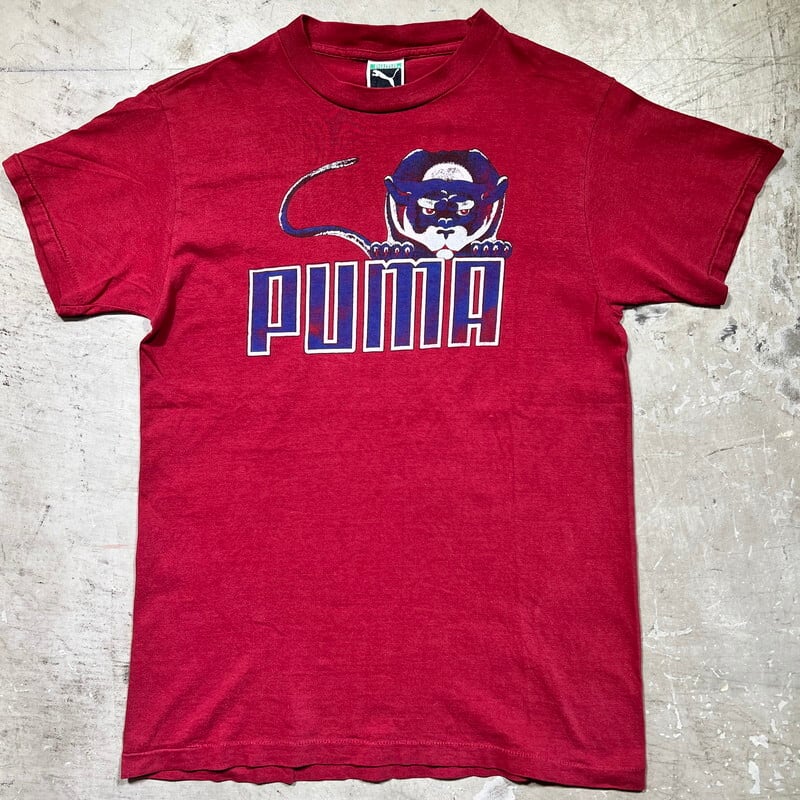 80's PUMA プーマ プリントTee バーガンディー ワインレッド シングルステッチ リアルプーマ レアプリント Mサイズ USA製 希少 ヴィンテージ BA-2227 RM2646H