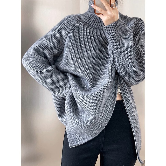 Side zipper turtle neck knit sweater A762