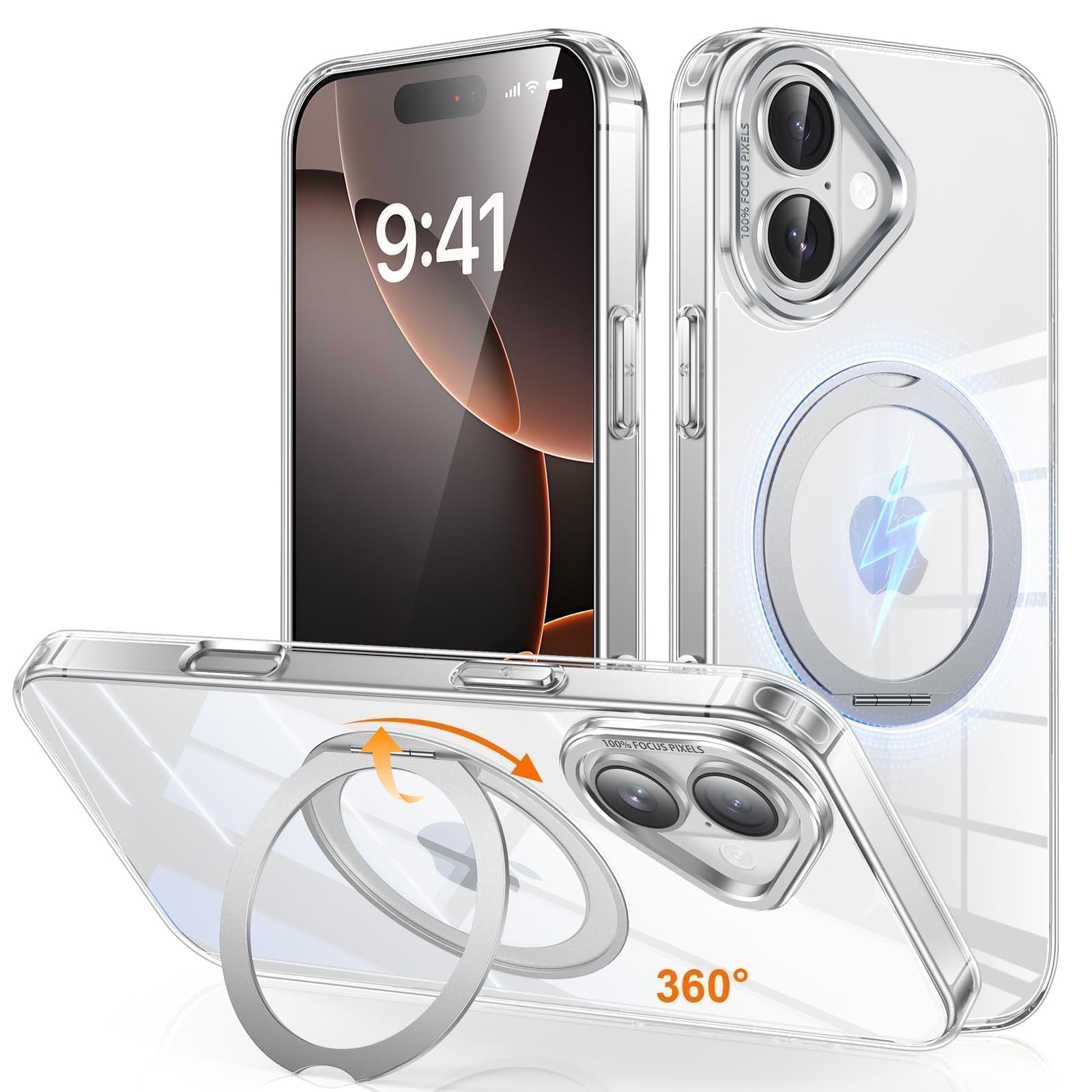 Gunwon iPhone 16 用 ケース Magsafe対応 ワイヤレス充電 360°回転スタンド 縦横両対応 米軍規格耐衝撃「クリア」