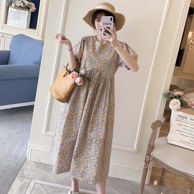 【新作】【送料無料】 マタニティウェア2020夏の新しい綿とリネンの小さな花柄のルーズドレス、年齢を減らすミドル丈のファッションマタニティドレス-アリババ コットン サマー 夏物 expec296680671318