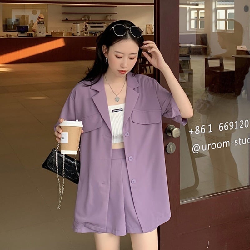 2020年夏の新しいレディースフレンチスタイルライトパープルスーツジャケット+ショーツウエスタンスタイルツーピーススーツタイド 1号婦人45465212579