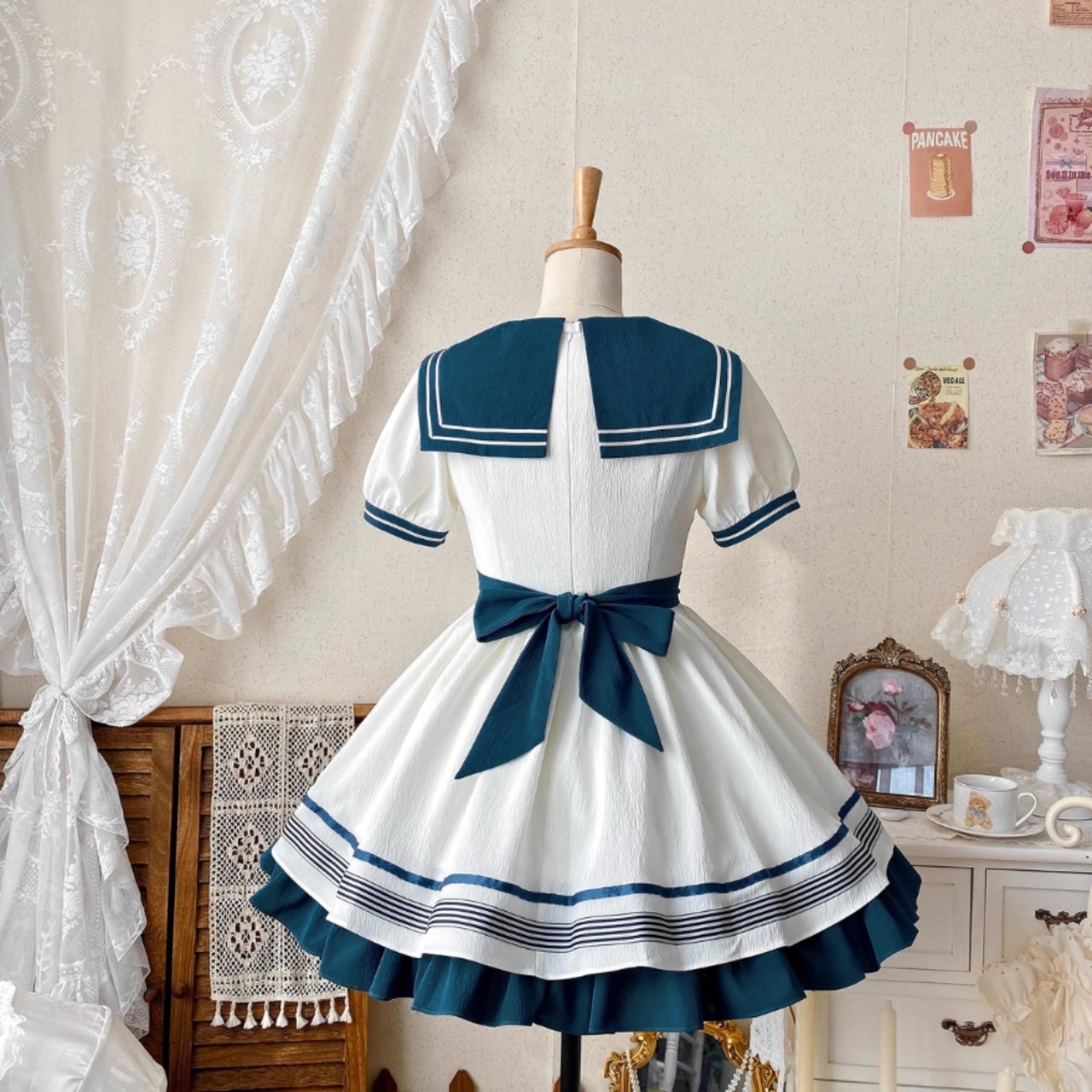 L相当 ヨリ セーラーカラー ロング 仕舞い ワンピース ネイビー ロング  