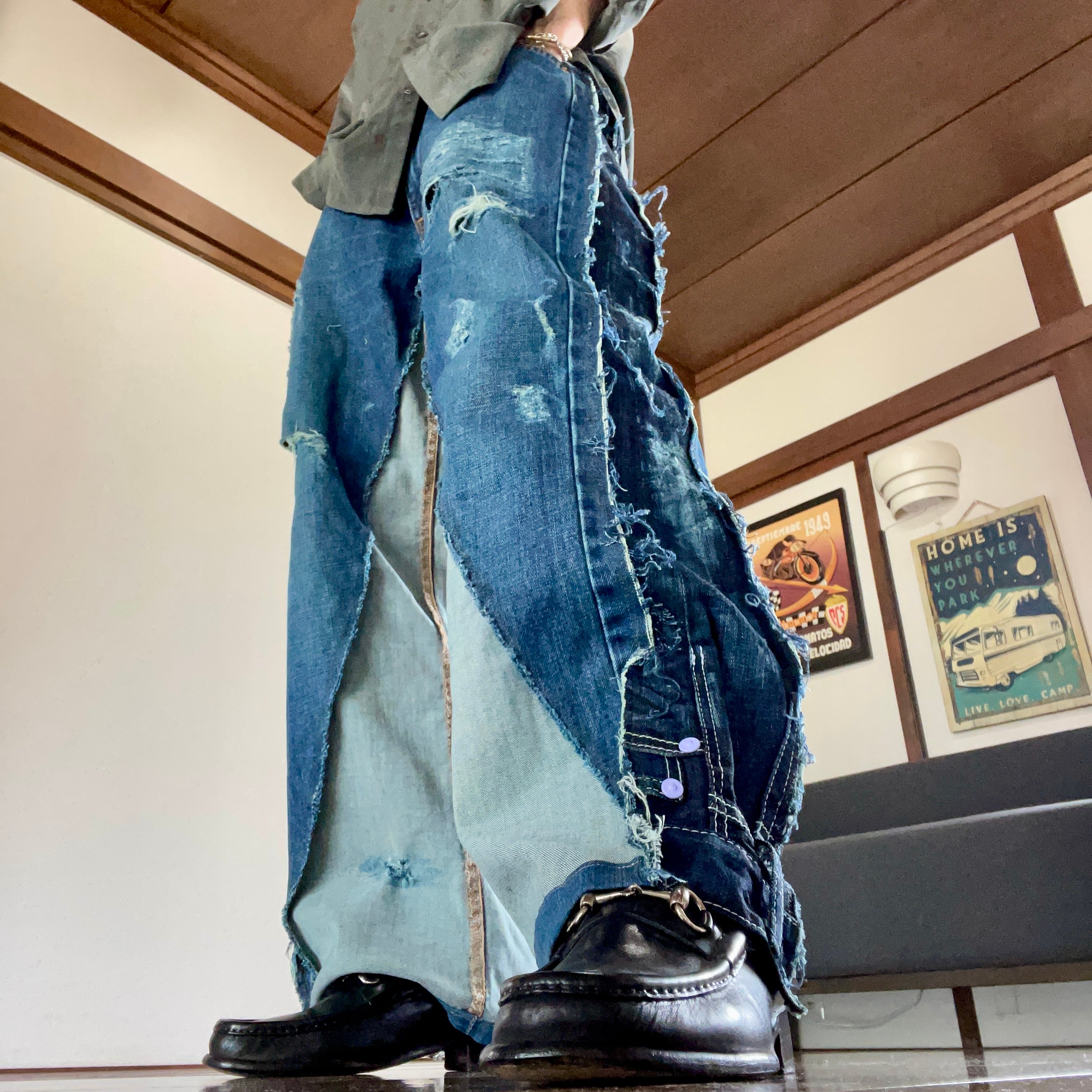 Levi's × RUSTLER 再構築 リメイクダメージワイドデニム 再構築デニム ダメージジーンズ リメイクデニム 切替 切り替えデニム