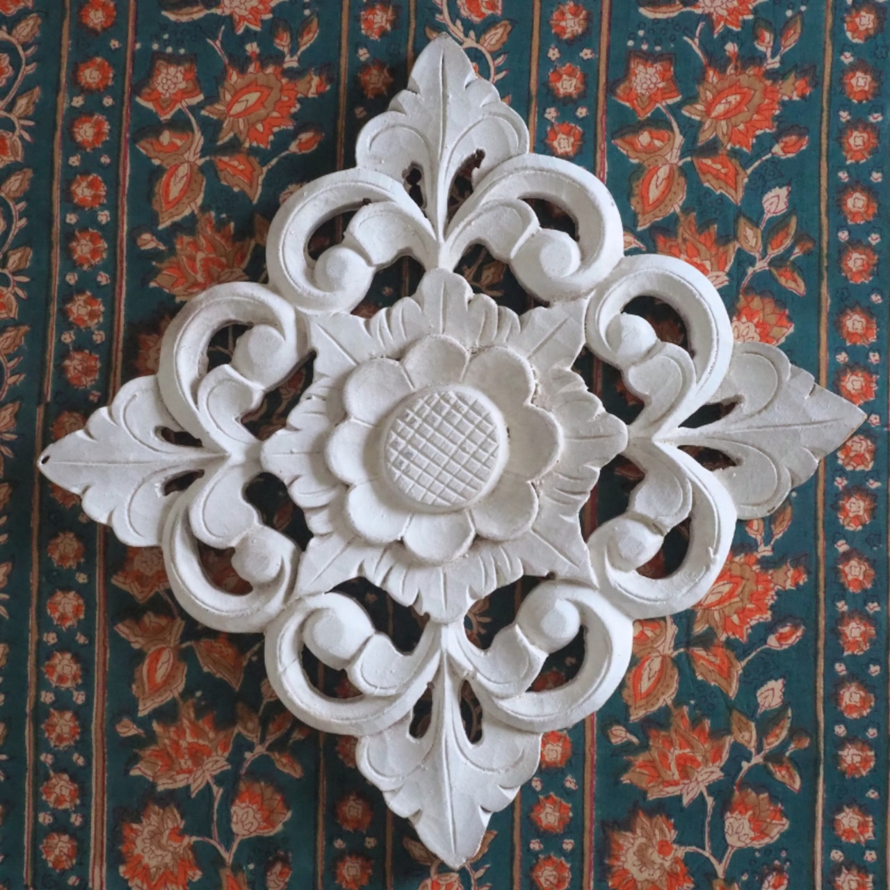 ブロックプリント生地【50cm単位】インド綿 ストライプ/花柄 グリーン×黄土色×オレンジ #57227-GR2