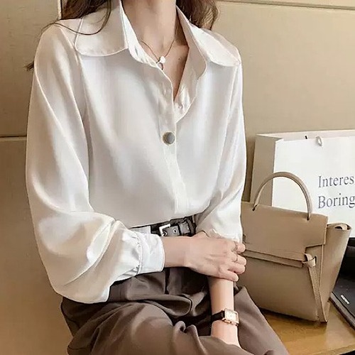 シャツ シャツブラウス レディース 無地 体型カバー 長袖シャツ シンプル ビジネス オフィス 通勤 清楚 カジュアル スプリングウェア シルク 春秋 新作 早春 白いシャツ とろみ シングルブレスト