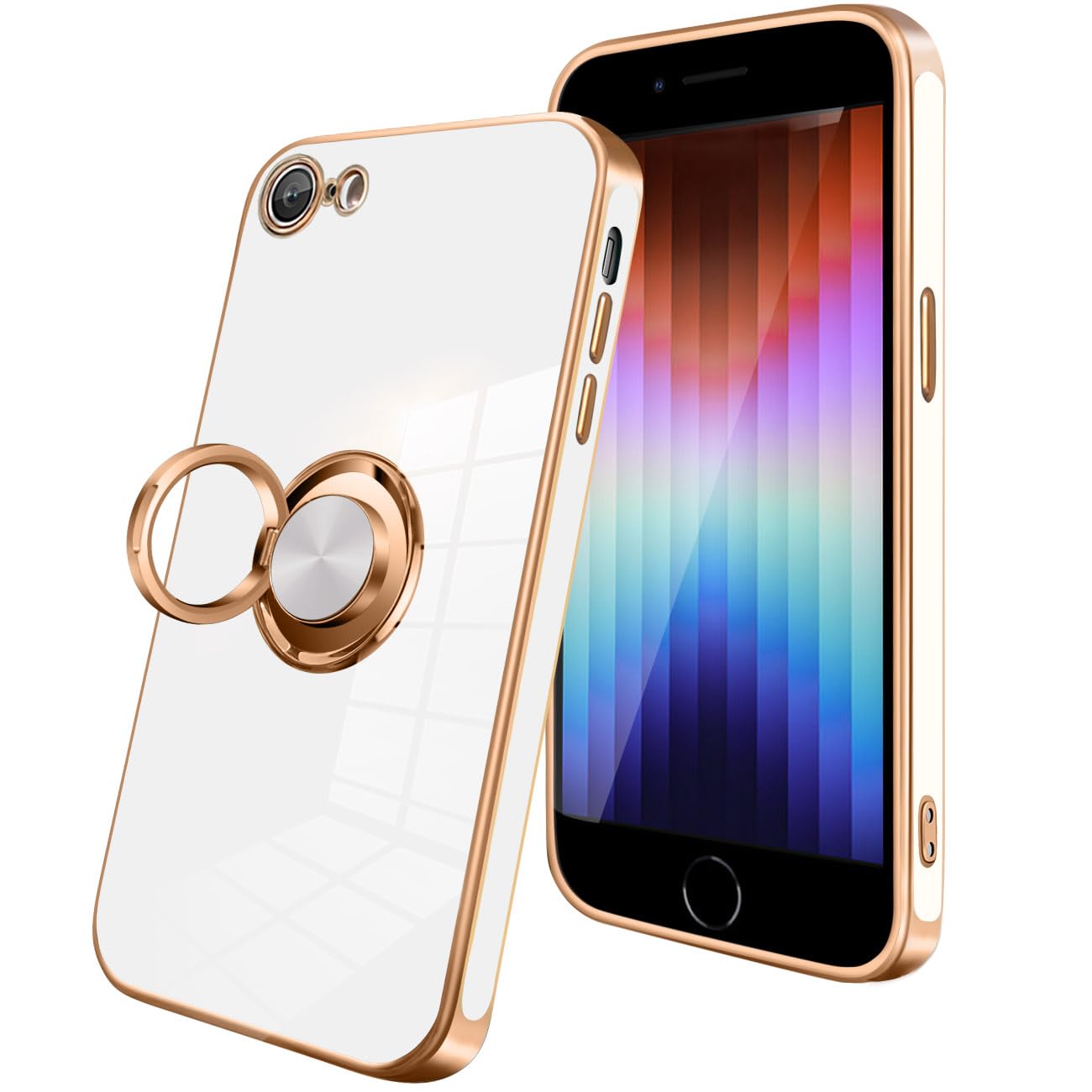 iPhone SE ケース SE第3/2世代 兼用 カバー リング付き スマホケース iphone SE 2020/2022 耐衝撃 メッキ加工 TPU 携帯カバー 車載ホルダー 360度回転 多機能 スタンド機能 ストラップホール付き アイフォンSE3/SE2/8/7 ケース 4.7インチ用(ホワイト)