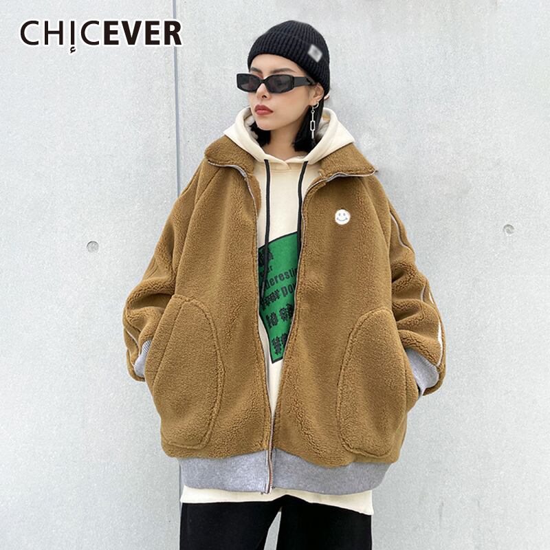 CHICEVERパッチワークラムウールジャケットレディースラペル長袖特大ルーズウールライナーカーキコート2020洋服タイド ロング 6base564895231371