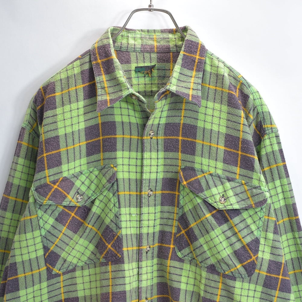 80s Print flannel checkプリントチェック フランネルシャツ 総柄 ワーク 格子柄 長袖シャツ グリーン ヴィンテージ ビンテージ 古着 メンズL~相当
