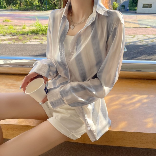 ストライプシャツ オータムカジュアルルーズ薄手 ロング レッド 秋物 クレセントシティ21153920321