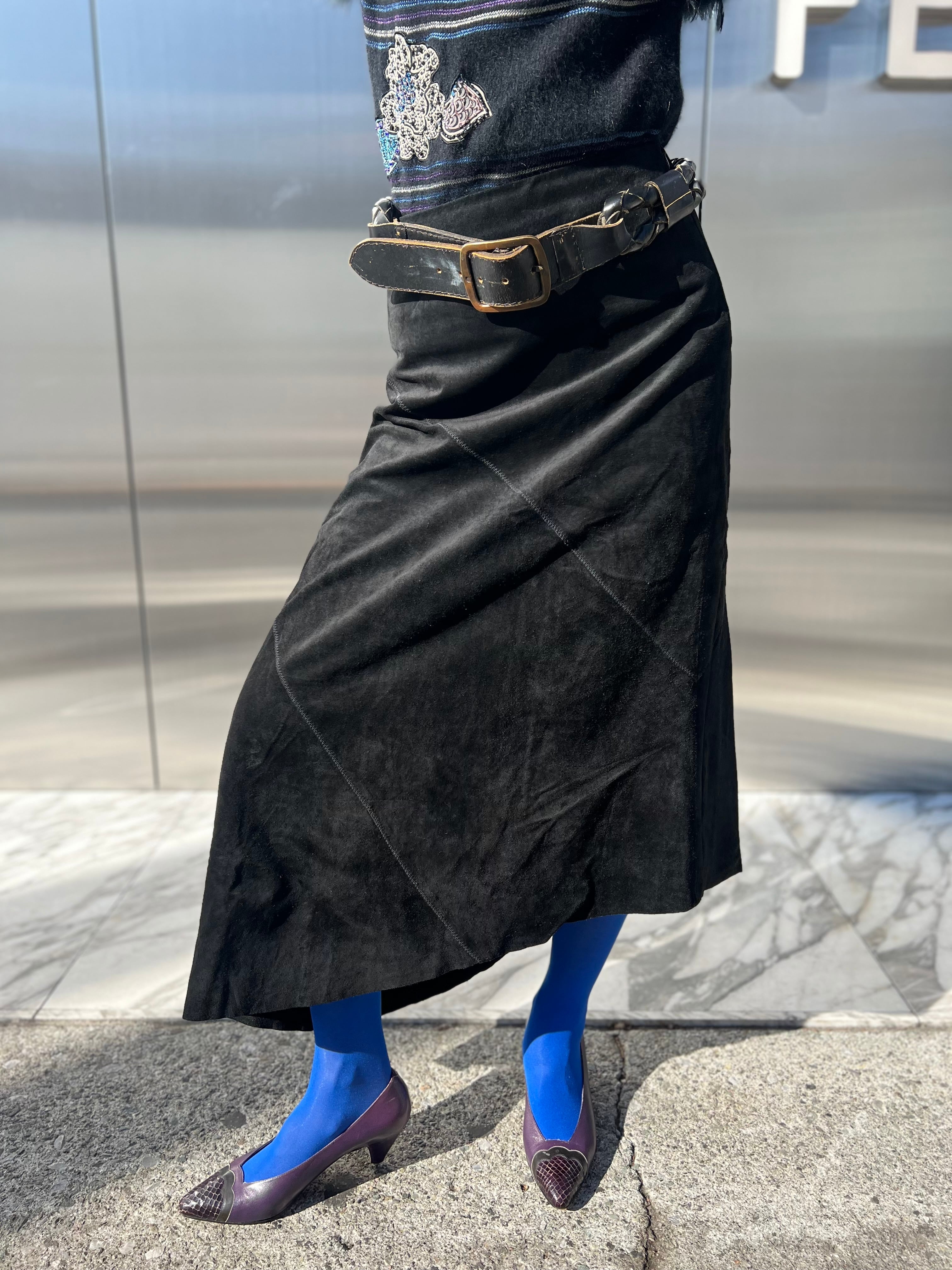 80s black suede leather simple design long skirt ( ヴィンテージ 