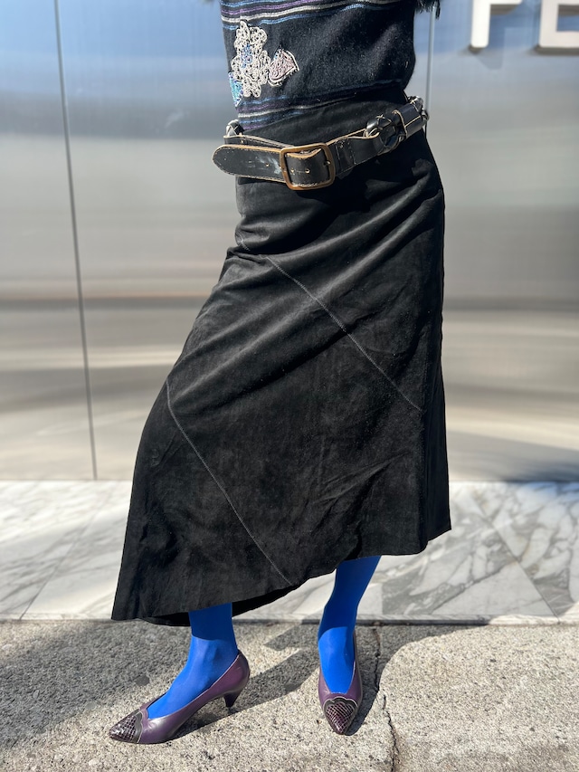 80s black suede leather simple design long skirt ( ヴィンテージ ブラック スウェード レザー × シンプル デザイン ロング スカート )