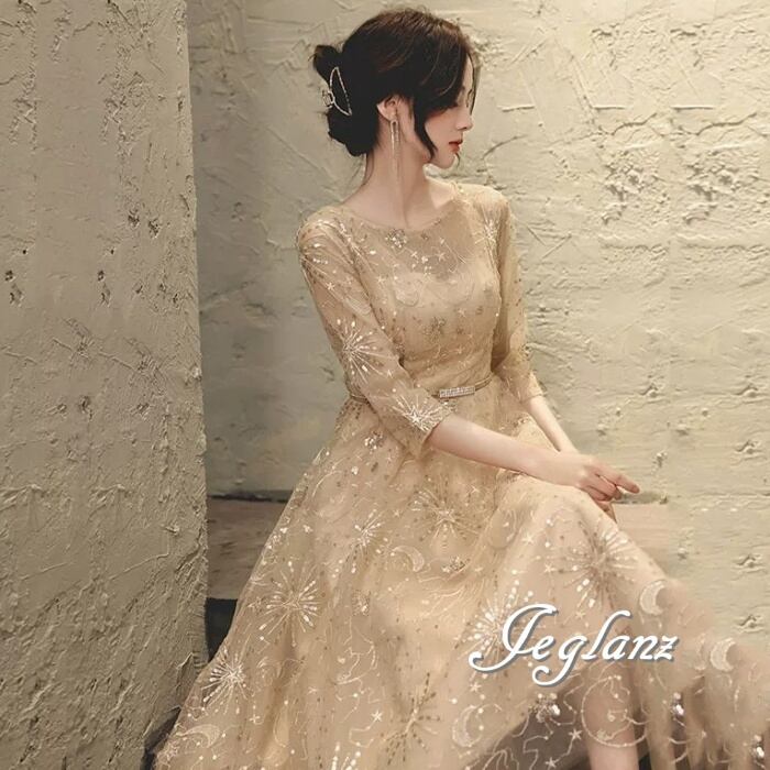 パーティ ドレス ワンピース レース スパンコール 光沢感 7分袖(M9244)ζ