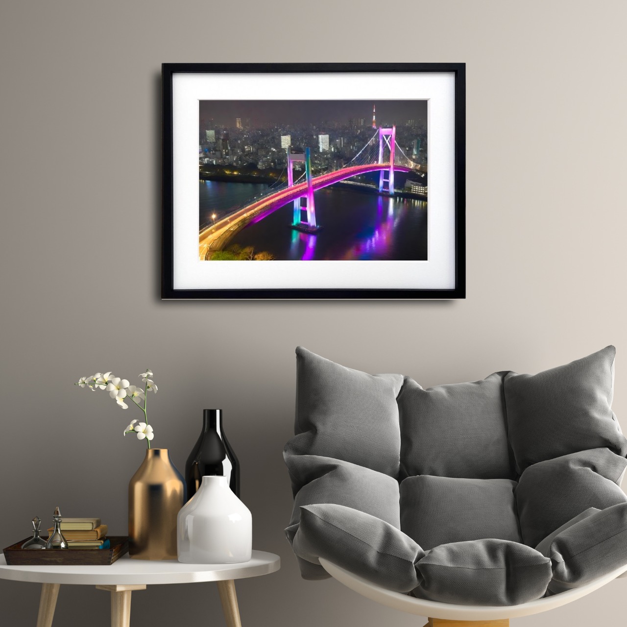 Raindoo Bridge Tokyo｜東京タワーとレインボーブリッジを描いた夜景アートポスター｜都会的で洗練されたお部屋を演出する一枚A3ポスター