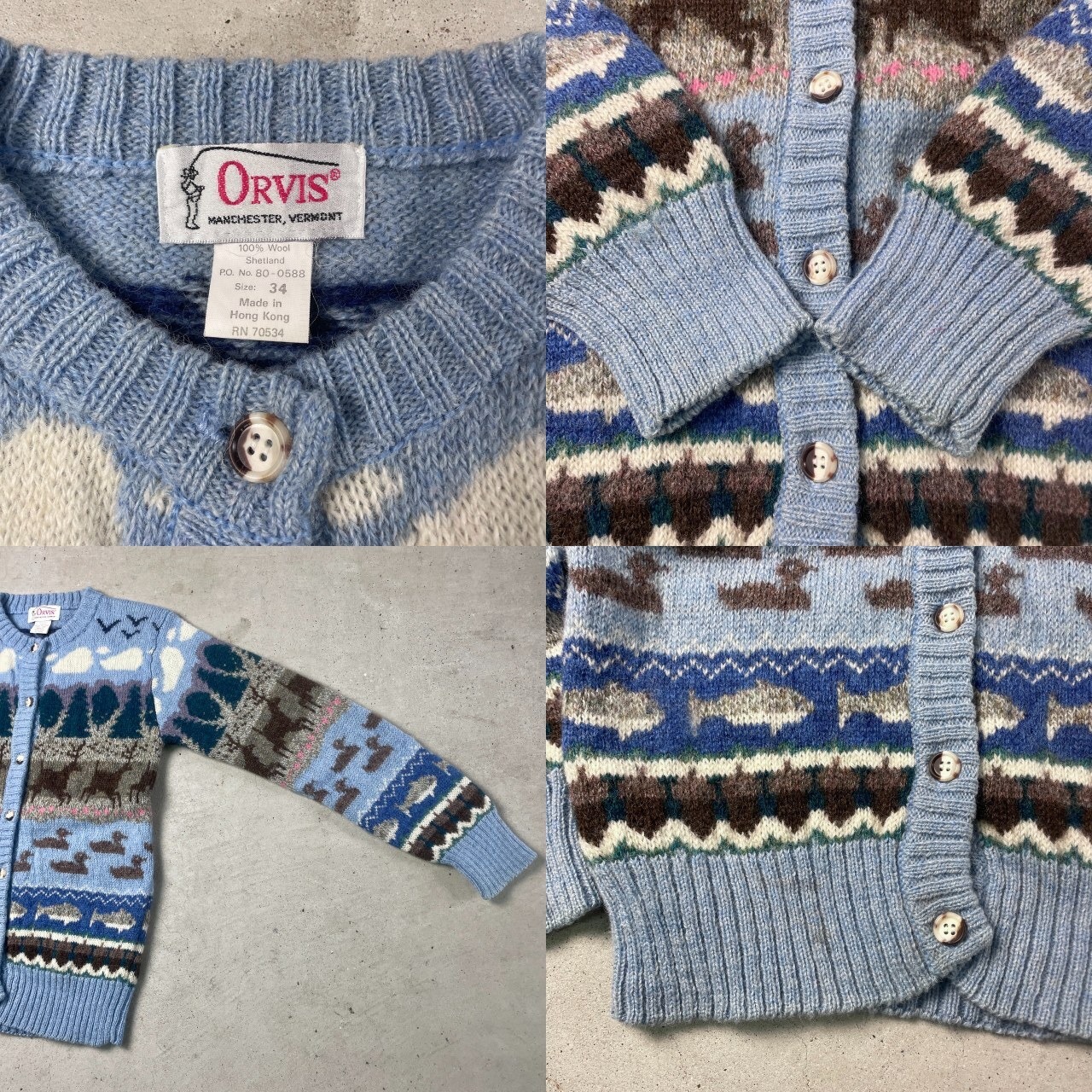 90年代 ORVIS シェットランドウール ニットカーディガン 総柄 