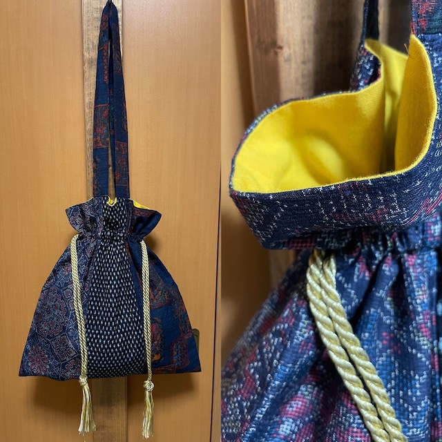 着物リメイク巾着ショルダーバッグ　kimono drawstring bag