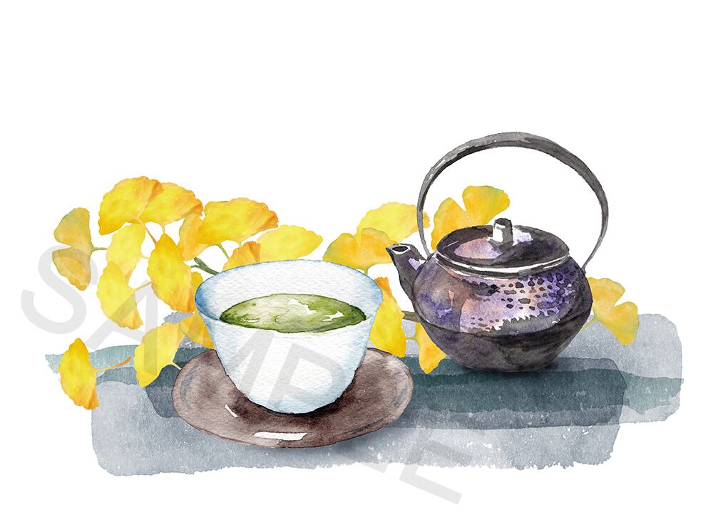 銀杏とお茶セットの水彩画 | イラスト素材屋