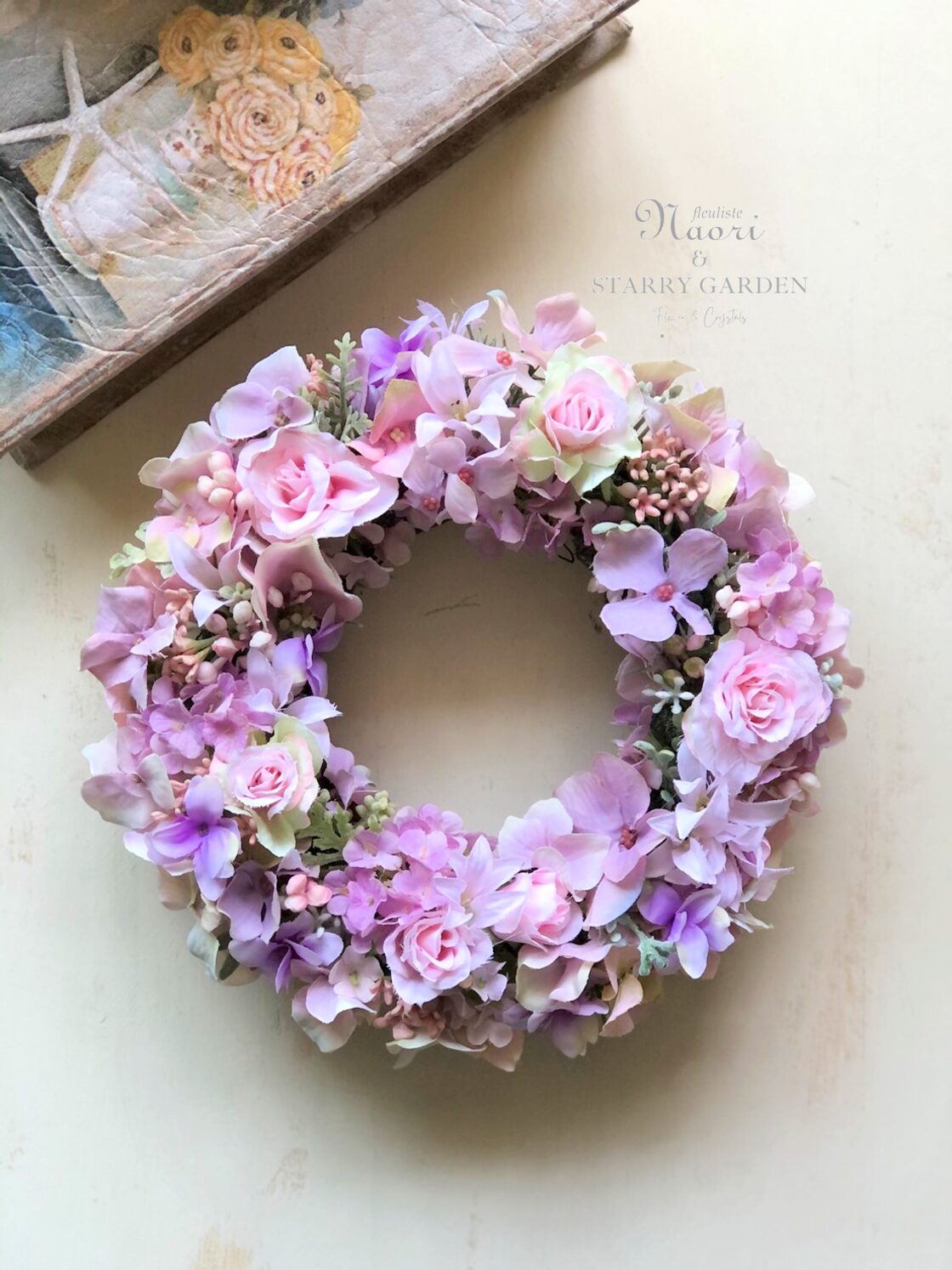 アンティーク紫陽花とローズのピンクリース | Pay ID 