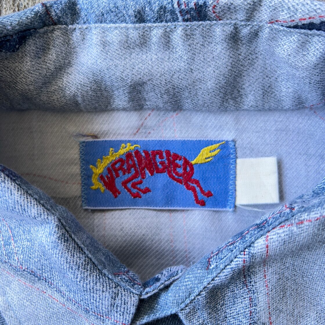 70 s Wrangler ウエスタンシャツ デニムパッチワーク風 暴れ馬タグ 0701A153 送料無料 Pay ID