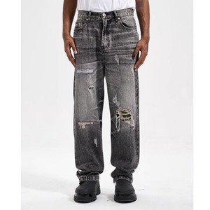 【DRIP3855】D/B Camouflage Patch Tear Damaged Denim