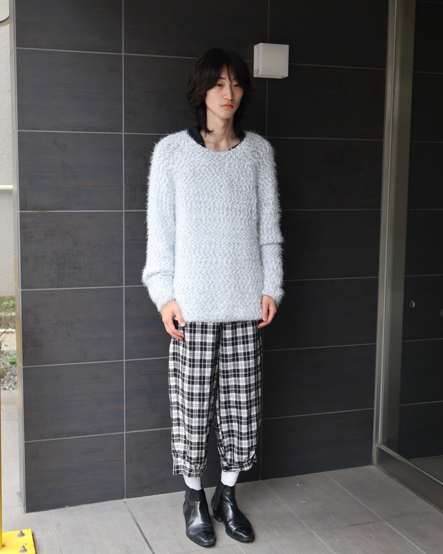 round neck waffle shaggy knit