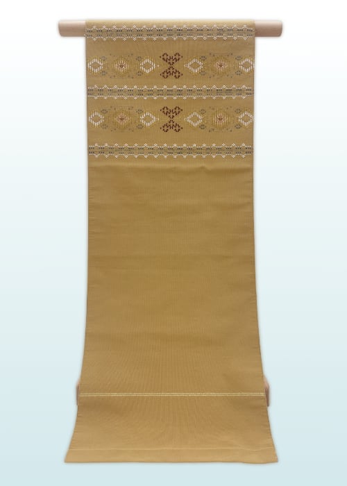 (名古屋)玉蜀黍色 綴れ地 琉球花織 八寸帯 LUOGW−061(リユース品)