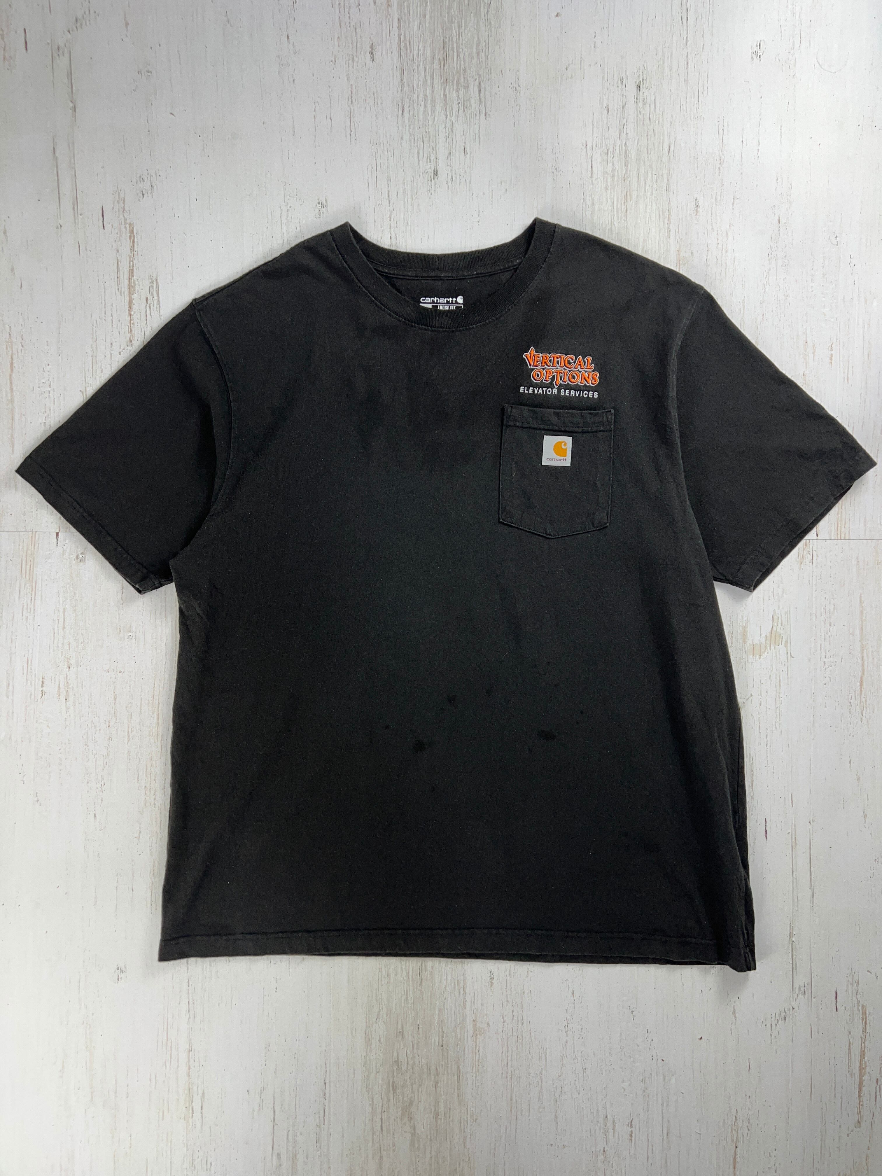 Carhartt Loose Fit Pocket Work T-Shirt Black XL Vertical Options Logo (Made in Guatemala) / カーハート ワークTシャツ ポケット付き ブラック XL 企業ロゴ刺繍入り グアテマラ製 #F557