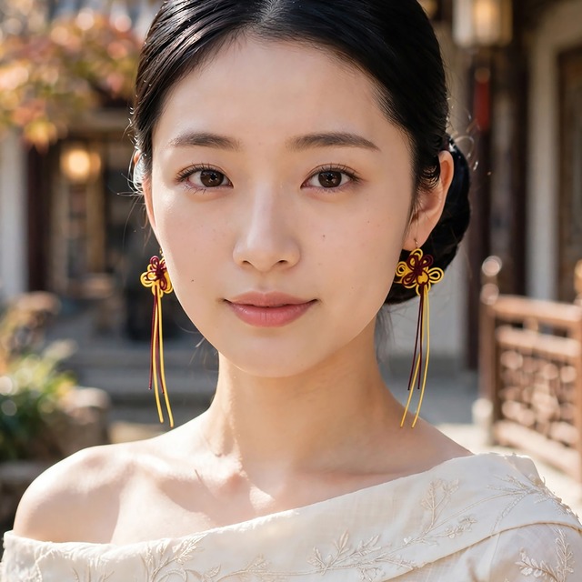 飾り結びピアス「える、えみ、笑む」（臙脂×黄） | 浴衣・着物に軽量快適。日常使いにも。