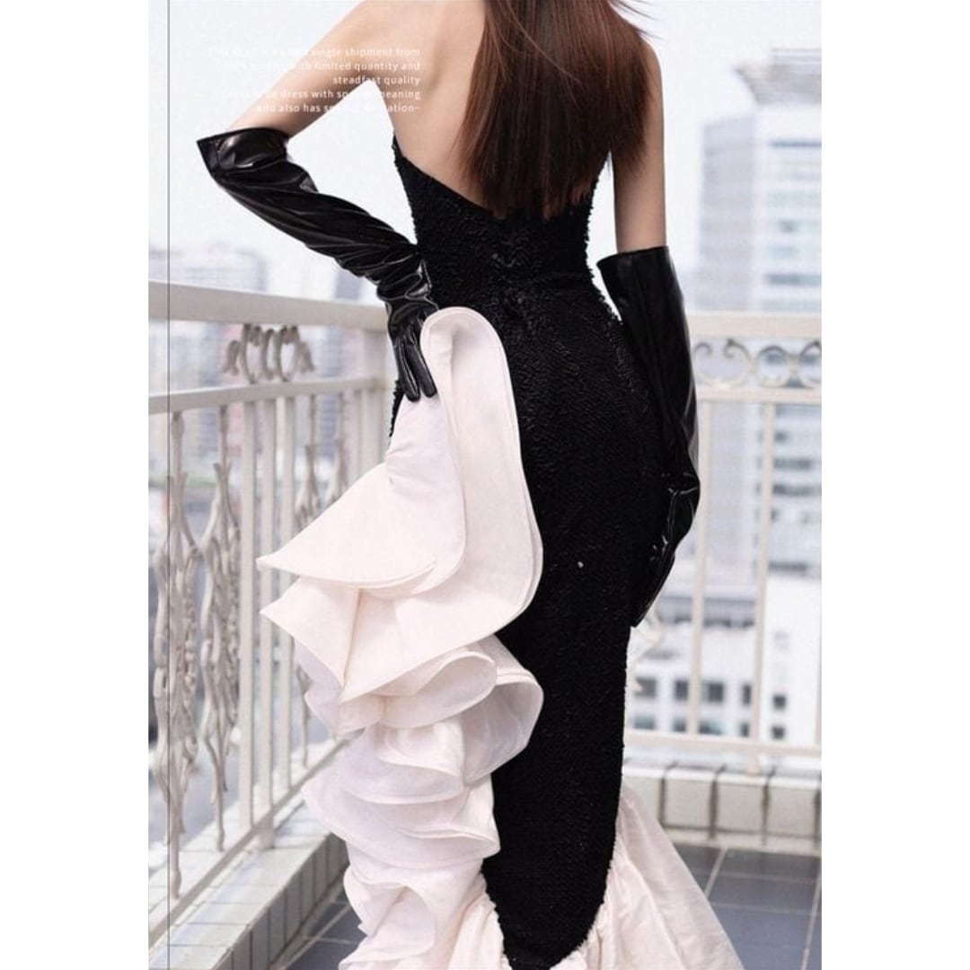 Roger】アイボリー フリル付きアシンメトリックドレス M-L Roger