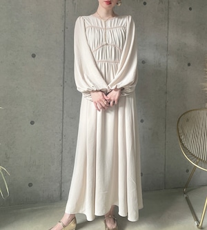 【即納】ビスチェ風パイピングギャザーワンピース【アイボリー】