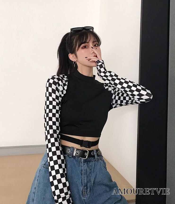 Tシャツ カットソー 白黒 チェック柄 モノトーン ピープス カジュアル オルチャン 韓国ファッション 926 Amouretvie 韓国系 モード系 個性的ファッションの通販サイト