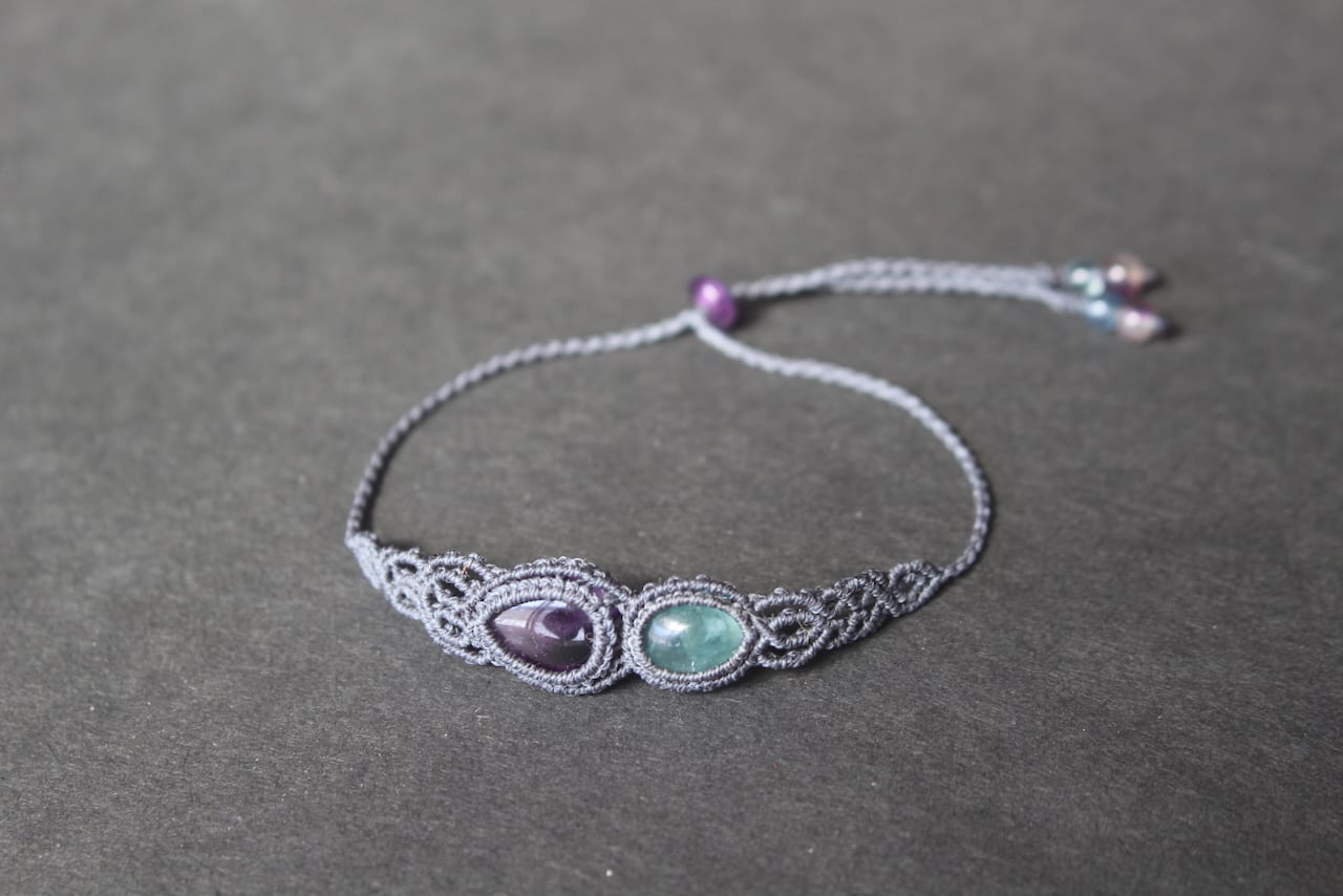 Trapiche amethyst & Green Fluorite micro macrame bracelet