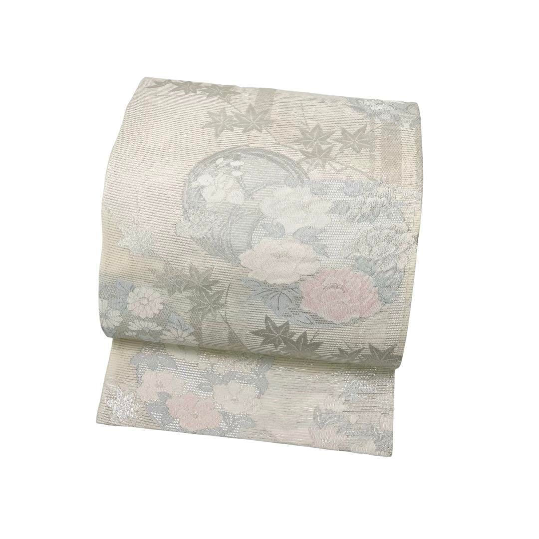 夏帯 袋帯 丸に上品な花模様 銀糸 乳白色 O-3940 | リユース着物わびさび 